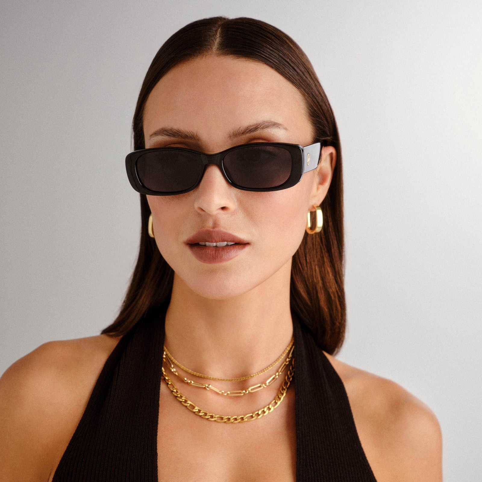 Unreal Shiny Black Uni-Sex Rectangle Sunglasses | Le Specs