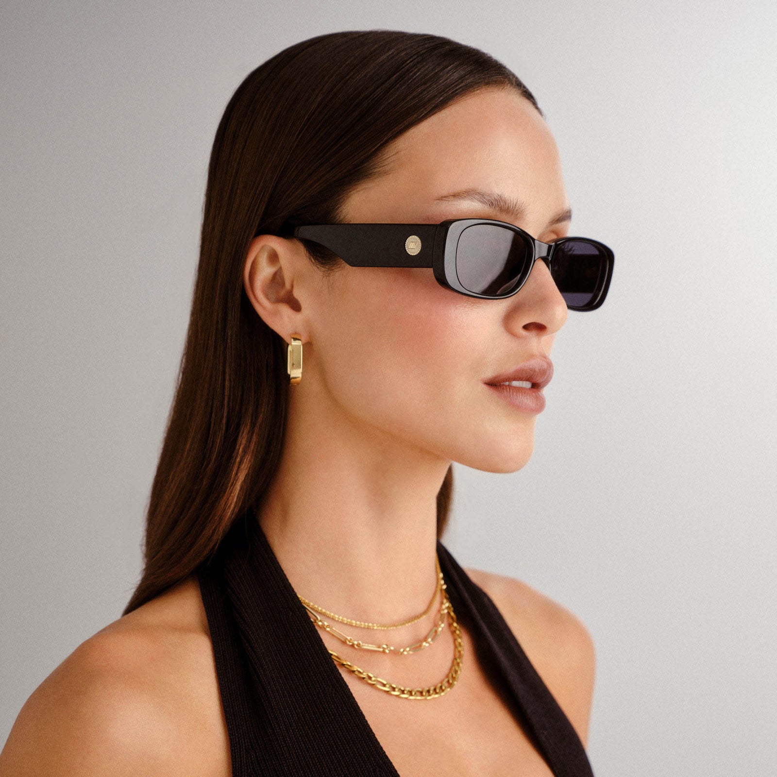 Unreal Shiny Black Uni-Sex Rectangle Sunglasses | Le Specs