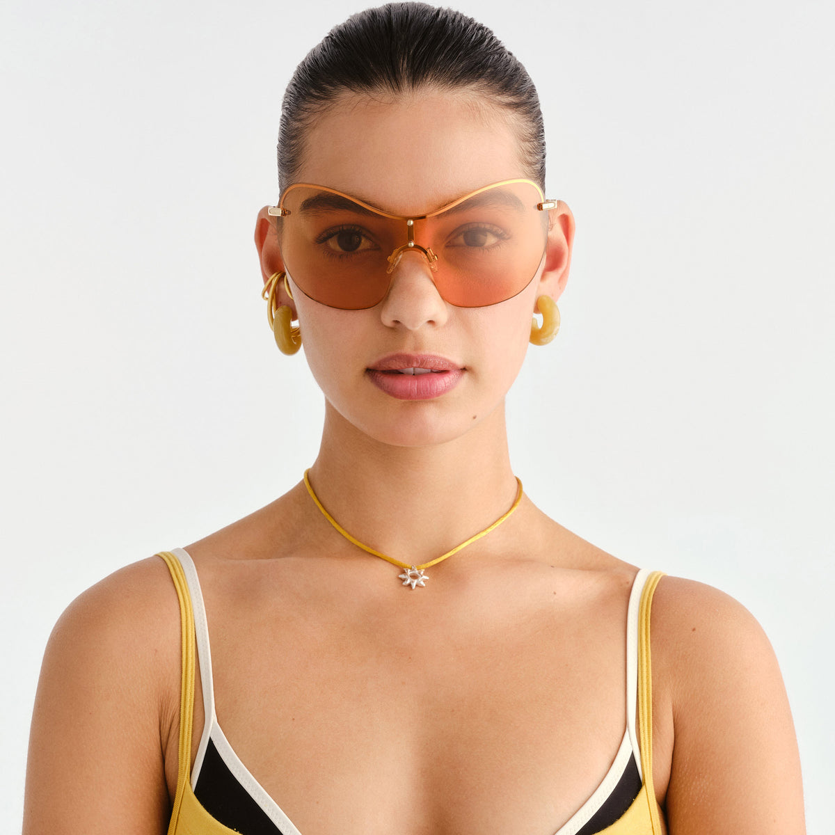 Satine Shiny Gold Female Shield Sunglasses | Le Specs