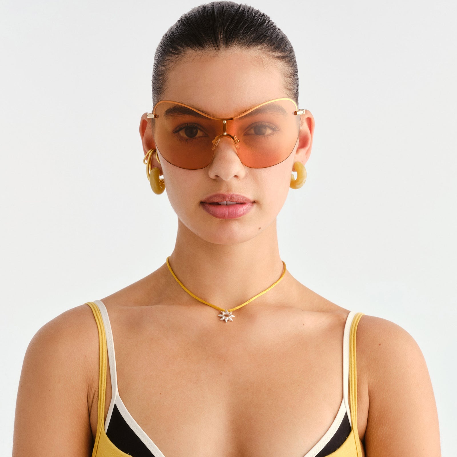 Satine Shiny Gold Female Shield Sunglasses | Le Specs